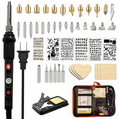 48 piezas Juego de Pirografía con Temperatura Ajustable 200-450°C, Pluma de Pirografía Profesional para Estampado, Tallado, Manualidades DIY, Apto para Adultos y Principiantes