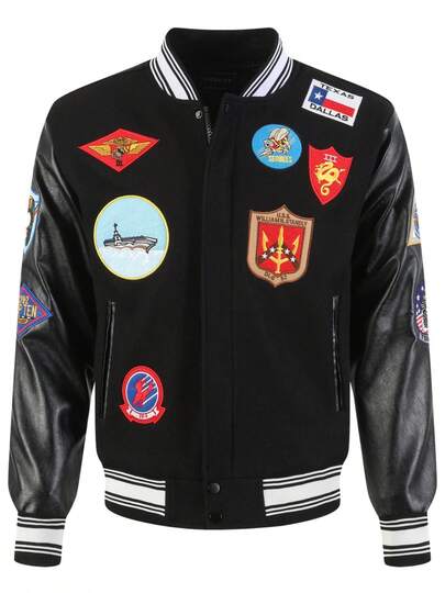 Men's Black High End Embroidered Leather Fashionable Street Style Sportswear Casual Classic Retro Sportswear Patchwork PU Long Sleeved Hip-Hop Motorcycle Jacket, Fall Winter