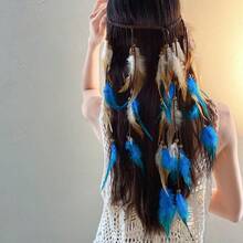 女士发带吸汗羽毛头饰波西米亚嬉皮风头带羽毛头饰可调节头带羽毛头饰，适合女士和女孩佩戴，时尚发饰发带秋季配饰秋冬度假装扮女士优雅围巾女士头巾柔软头巾夏季波西米亚风假日必备配饰 - 彩色 - 查看 7