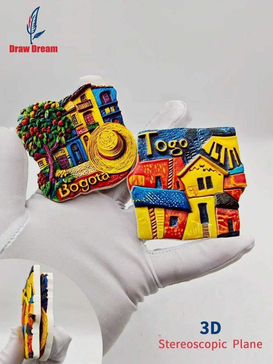 1pc Limited Edition Dual Country Themed 3D Fridge Magnet - Embossed Bogota Sombrero Hat + Togo Geometric Architecture, Creative Collectible Fridge Magnet, Personalized Travel Souvenir Fridge Magnet Sticker, Home Decor, Kitchen, Room, Office, Cabinet Craft Gift, Holiday Souvenir, Exquisite Small Gift