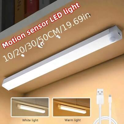 1pc USB Rechargeable Motion Sensor Light, Rectangular LED Nightlight For Bedroom, Hallway, Stairs, Wardrobe, Cabinet, Warm/White Light, Size Options: 19.69/11.81/7.87/3.94 Inches