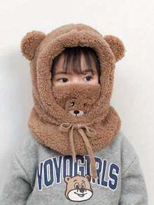 1 Cartoon Bear Plush Hat, Parent-Child With Scarf And Mask, 3-In-1 Fleece Earmuffs, Soft Double Layer, Elastic Drawstring Closure, 100% Polyester, Hand Wash, Lightweight And Suitable For Autumn And Winter Seasons, Daily Wear On Christmas - Multicolor - View 7