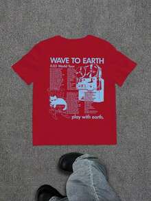 WAVE TO EARTH Play With Earth Letters Kitten Print Men's T-Shirt, Simple Art Harajuku Style, Band Music Kitten T-Shirt, Fashion Casual Loose Men And - 紅色 - 查看 2