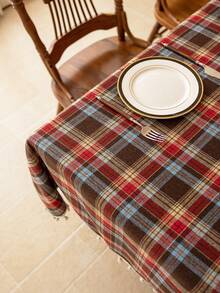 1pc Christmas Plaid Tablecloth, Tassel Decor, Retro Brown-Red Plaid, Brushed Woven Fabric, Rectangular, Washable, Suitable For Coffee Table, Bedside Cabinet, Dining Table Decor, Suitable For Home Kitchen, Party Dinner, Holiday Party Decor, Christmas, New Year, Autumn Decoration
