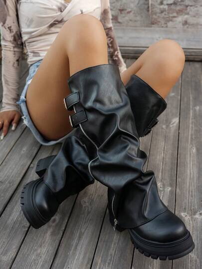 Botas altas de mujer con diseño de plataforma impermeable, cremallera lateral y hebilla, tacón grueso y punta redonda, de cuero, en color beige, adecuadas para uso diario, otoño, invierno y primavera. Botas de motociclista de moda para damas, hasta la rodilla.