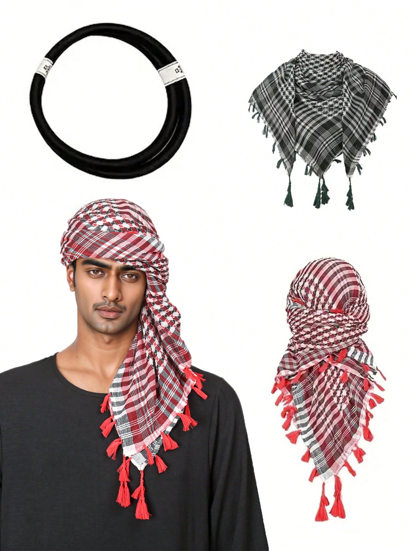 مجموعة من قطعتين وشاح عربي مع شرابات معلقة، وشاح ر...