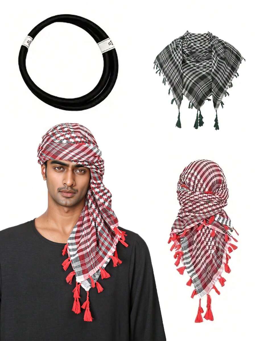 2pcs Set Arabic Scarf With Hanging Tassels, Jacquard Arabic Headscarf Shawl, Formal & Casual Robe, Perfect Gift For Men, Elegant, Versatile, Silky Accessory Suitable For Dates, Travel And Vacation,Holiday - 2-piece Set - View 1