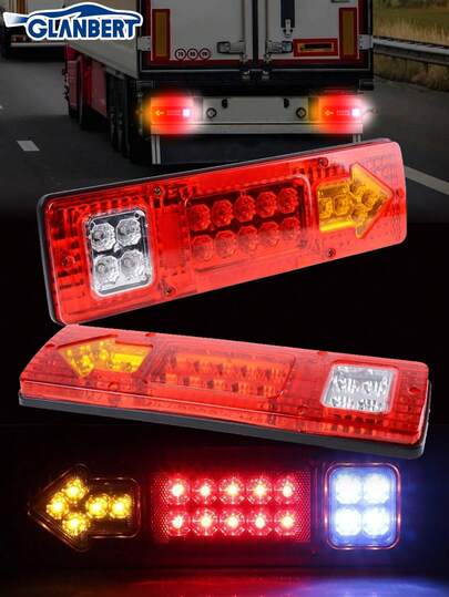 GLANBERT 2pcs 12/24V Trailer LED Tail Lights, Brake Lights, Driving Lights, Turn Signals, 3 Colors Available (Yellow/White/Red), High Brightness Matrix Lens, Suitable For Trailer, Truck, RV, Off-Road Vehicle, Tricycle, Tractor, Etc. Batteries Not Included