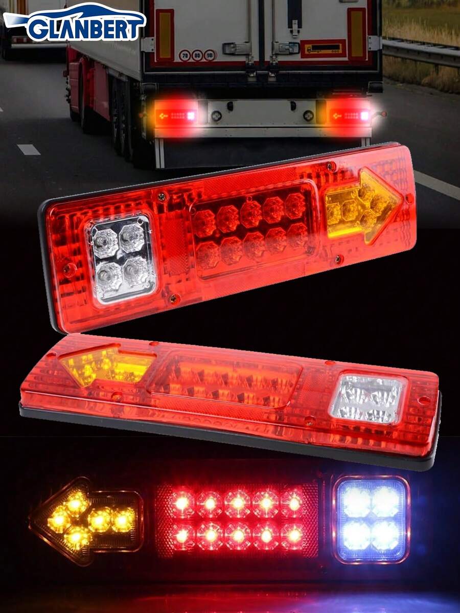 GLANBERT 2 buah Lampu Belakang LED Trailer 12/24V, Lampu Rem, Lampu Sorot, Lampu Sein, Tersedia 3 Warna (Kuning/Putih/Merah), Lensa Matriks Kecerahan Tinggi, Cocok Untuk Trailer, Truk, RV, Kendaraan Off-Road, Becak, Traktor, dll. Baterai Tidak Termasuk