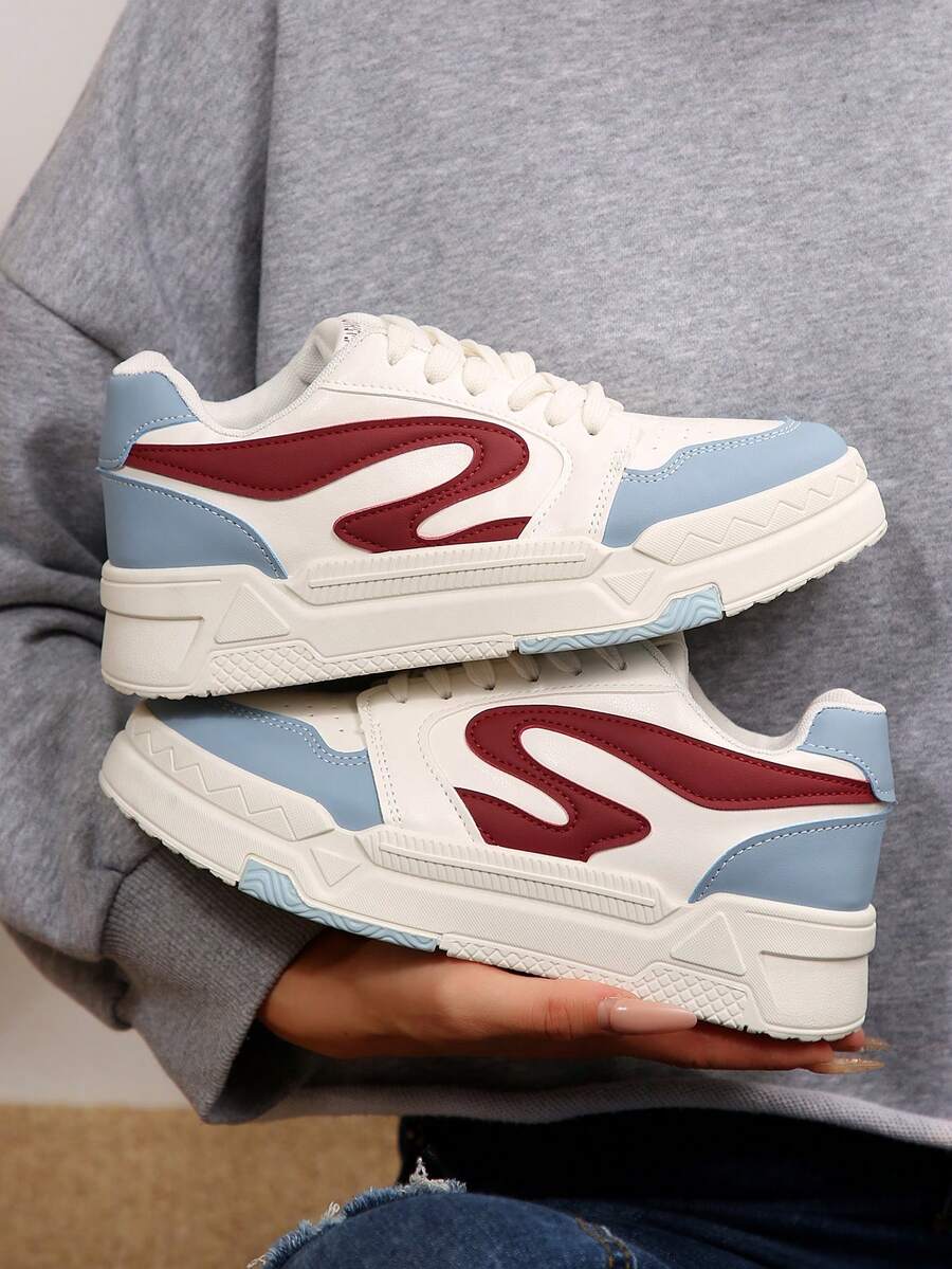 Women's Casual Sneakers - Chic White With Blue & Red Accents, Lace-Up Round Toe Faux Cover Upper, Breathable Fabric Lining & Cushioned EVA Insole, Durable Rubber Sole Low-Top All-Season Walking Shoes For Casual Attire, Ladies Sneakers, Sleek Sneaker Design - Blue - View 1