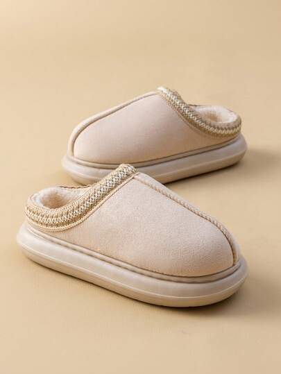 女士蓬松内衬拖鞋，蕾丝边，时尚高端厚软底防滑轻便保暖户外毛皮拖鞋，适合秋冬季