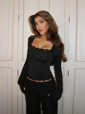 Solid Color Knit Fabric Lace Patchwork Blouse, Suitable For Daily, Office, Date, Sports And Fitness, Autumn