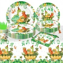 50pcs,Dino Party Tableware,Anime Dinosaur Party Tableware, Paper Plates, Napkins And Cups Perfect For Birthday Party, Jurassic Dinosaur Jungle Style Party, Birthday Shower - Multicolor - View 2