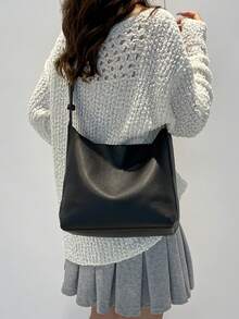 新款休闲水桶包，复古单肩斜挎包，大容量托特包 - 黑色 - 查看 3