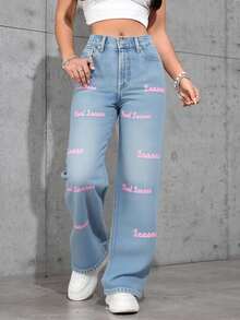 Jeans casuales de uso diario de ajuste regular para mujer, Jeans para mujer, Jeans holgados para mujer, Vaquera, Día de San Patricio, Ropa de calle para mujer, Jeans holgados brillantes, Pantalones de pierna ancha - Azul lavado medio - Ver 3