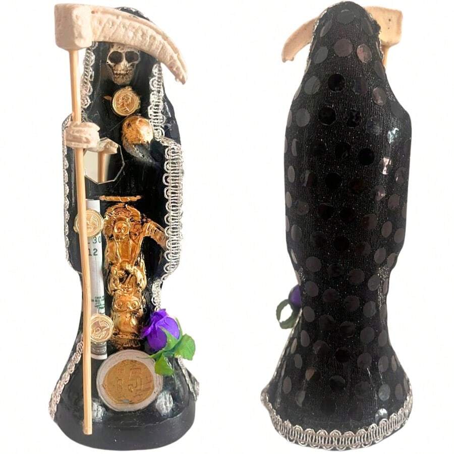Santa Muerte Negra 15 cm Vestida – Protección Total, contra Peligros, Malas Energías, Brujeria + Libro - Negro - Ver 1