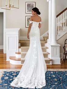 Elegant Sexy Lace Applique Off Shoulder Mermaid Wedding Dresses For Bride,Evening Party Dress Bridesmaid Dress Birthday Party Dress,Romantic Church Ceremony Wedding Dress,Suitable For Wedding,Dating,Party,Singles' Party,Vacation,Formal Occasions,Dinner Dress,Prom Dress,Homecoming Dress,Cocktail Party,Wedding Guest Dress,Graduation - trắng - Xem 3