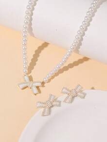 3 件套时尚简约珍珠蝴蝶结耳环和项链首饰套装，适合女孩的礼物