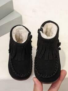 1双婴儿流苏舒适保暖平底靴，适合秋冬季日常户外穿着 - 黑色 - 查看 3