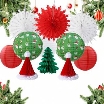9pcs/11PCS Assorted 3D Christmas Honeycomb Paper Lantern Decoration Garland Set,Celling Hanging Tissue Pine Tree Star, Santa Hat,Snowflake Fan,Japanese Lanterns For Holiday XMAS Party Banner Supply Christmas Decorations Winter Room Decor Christmas Decorations Home Christmas Gifts Christmas Decor
