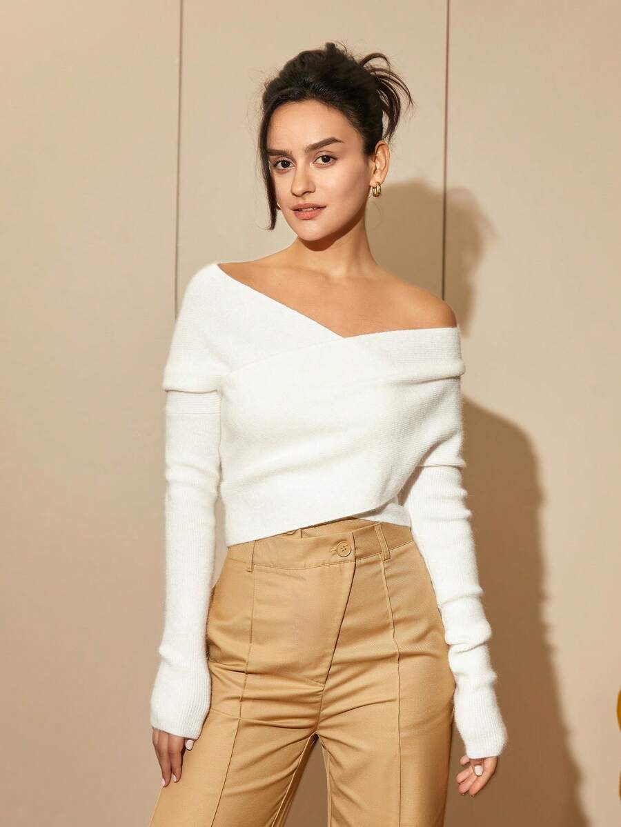 Jersey de manga larga con hombros descubiertos para mujer, top sexy con espalda descubierta, para primavera/verano - Blanco - Ver 1