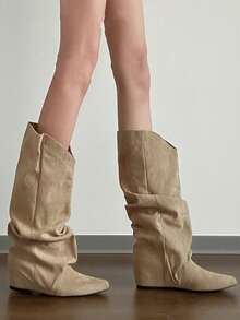 坡跟靴，尖头西部女牛仔靴，及膝靴，经典靴子，秋季、冬季、秋季，中筒褶皱宽筒靴 - 杏色 - 查看 4