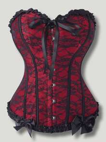 Corset, Classic Corset, Black And Red Contrast, With Bow, Front Buttons, Suitable For Wedding And Evening Dress, Women's Corset, Tummy Control, Waist Control, Suitable For Dating, Shopping, Halloween Party, Women's Corset Top. - màu đen - Xem 8
