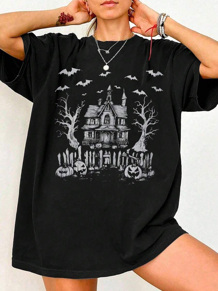 Women's Round Neck Short Sleeved T-Shirt With Haunted House And Bat Prints, Daily T-Shirt, Suitable For Spring And Summer - Black - View 1