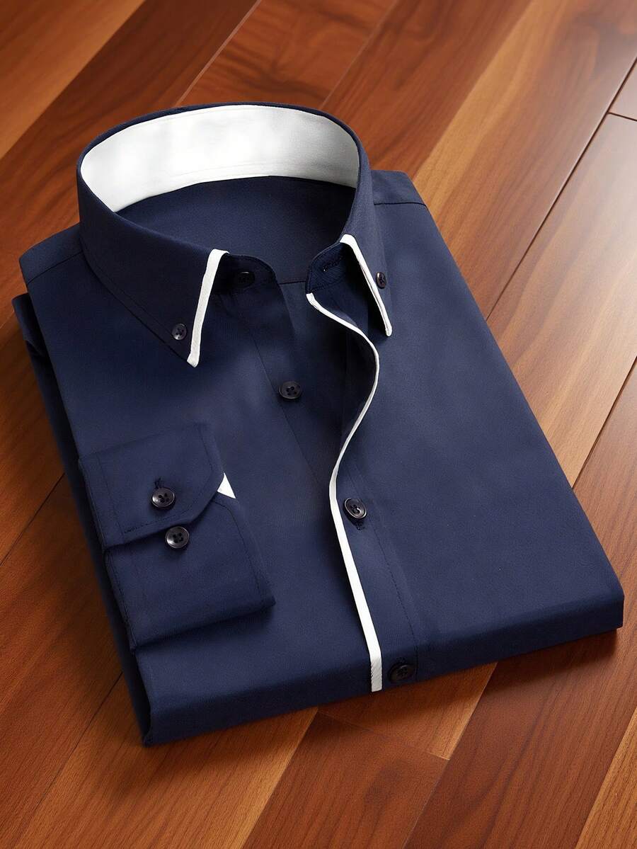 1pc Men's Casual/Business Shirt, Intricate Craftsmanship - Pearl Buttons, Comfortable 100% Polyester Fabric, Meticulously Tailored, Slim Fit - Recommended To Pair With Suit Pants