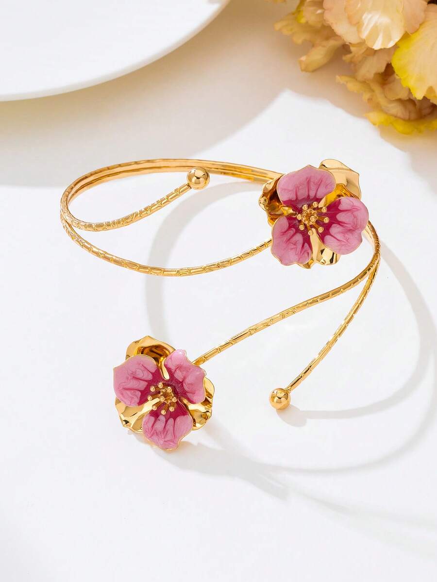 1 件手工扎染渐变粉色双层花卉袖口手链，时尚复古奢华设计 - 粉色 - 查看 1