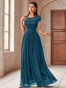 MIUSOL Elegant Women's Sequin Floral Lace Contrast Chiffon Maxi Dress With Pleated Hem,  Perfect For Easter, Mother Day, Evening Party, Wedding Guest, Anniversary Balls - Màu xanh bụi bặm - Xem 5