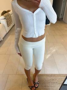 Awevudst Women Fold Over Capri Yoga Pants Low Rise Knee Length Stretch Skinny Leggings Summer Fall Party Going Out Crop Pants Y2K Streetwear Sportwear - 黃色 - 查看 1