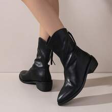 Vintage Elegant Sweet & Cool Black And White Pointed Toe Mid-Calf Boots For Women, High-Quality Soft Leather, Minimalist Design, Versatile For Daily Wear, Dates, Commuting, Parties, Suitable For Autumn/Winter Outfits Like Coats And Dresses, Perfect For Valentine's Day, Christmas, Halloween, Graduation Season, Fashionable Women Shoes In Black And White