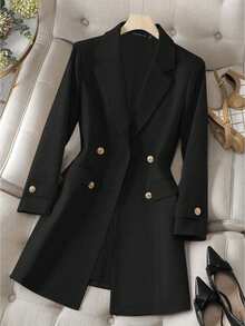 HOMEYEE Plus Size Vintage Casual Blazer Jacket With Lapel Collar, Double-Breasted, Long Sleeve, Suitable For Business, Daily Wear, And Vacation