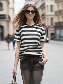 Women Vintage Grunge Top Short Sleeve Striped T-Shirt Goth Emo Tee Shirt Y2K Aesthetic Clothes Harajuku - 灰色 - 查看 7