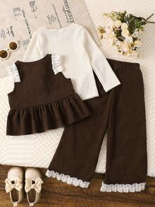 3pcs/Set Young Girls Solid Color Long Sleeve Comfortable T-Shirt, Floral Trim Cardigan Vest And Pants Outfit, Autumn/Winter