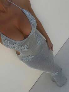 2025 New Women's Silk Mesh See-Through Cover-Up Dress Eye-Catching Backless Suspender Maxi Skirt  Beach Vacation Outfit - Gris - Ver 1