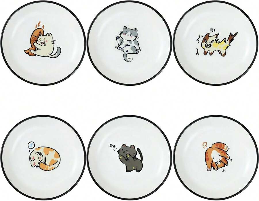 Super Cute Cartoon Animal Ceramic Sauce Dishes, Seasoning Dishes, Little Cat Dog Bird Feeding Bowls, Sushi Soy Dipping Bowls, Appetizer Plates, Dessert Plates, Set Of 6-Cats-5 Inch,18562369 - 黑色 - 查看 1