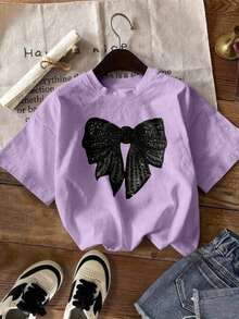 Camiseta manga corta grafico moño lazo brillo strass cuello redondo estilo moderno casual - Lila Púrpura - Ver 1