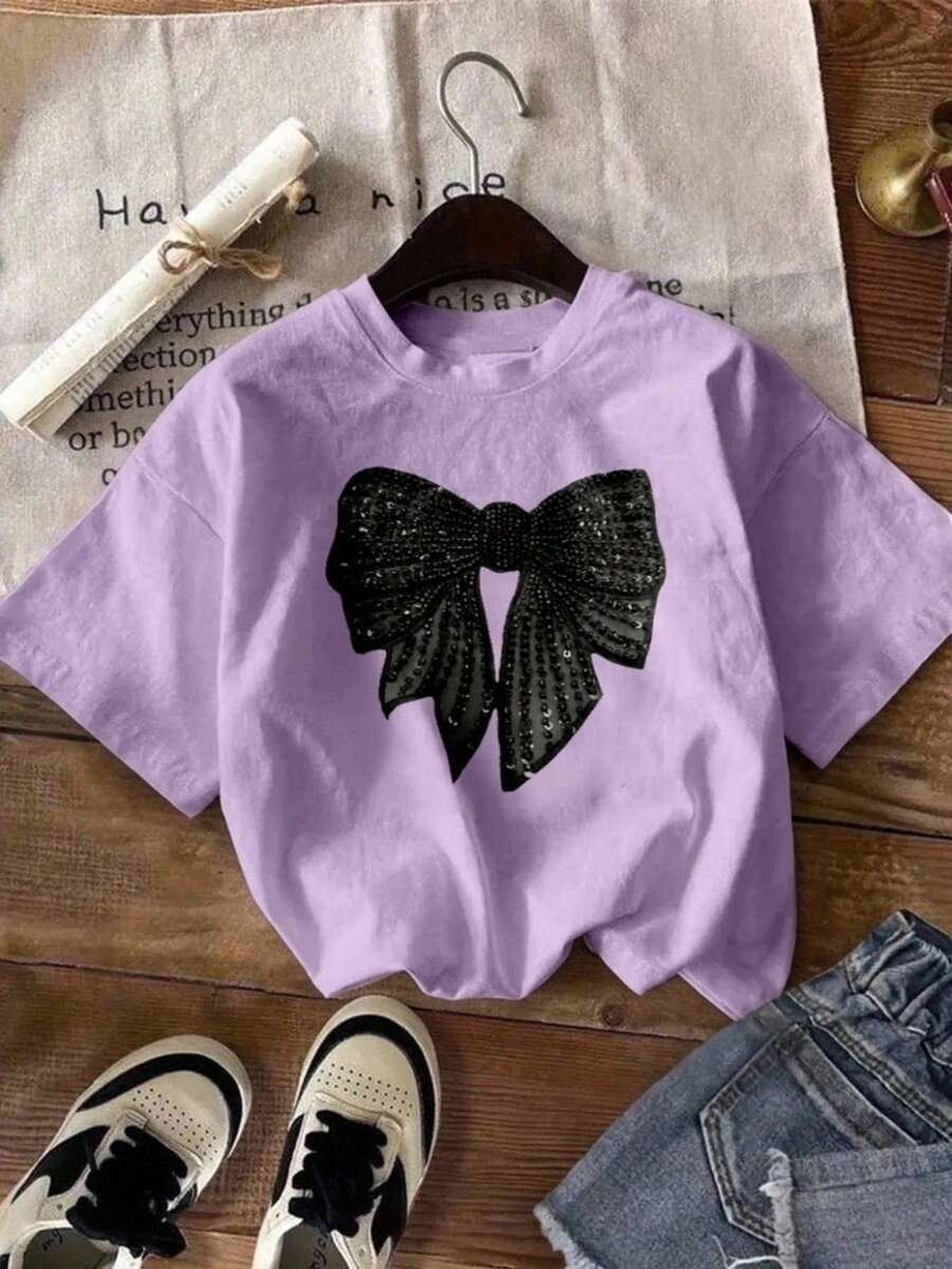 Camiseta manga corta grafico moño lazo brillo strass cuello redondo estilo moderno casual - Lila Púrpura - Ver 1