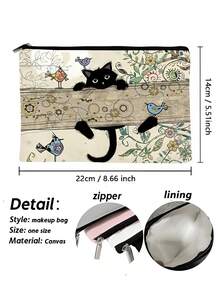 1pc Cute Cat Pattern Cosmetic Bag, Portable Travel Organizer Pouch, Women Handbag, Summer Bag, Holiday Bag, Makeup Bag, Wallet, Backpack, Essential For Holiday & Travel - Army Green - View 5