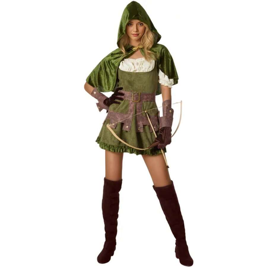 1 Set Disfraz de Robin Hood de ante sintético verde para mujer, adecuado para la actuación del Día de San Patricio, para todas las estaciones