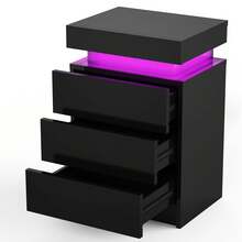 OYAJIA Hochglanz Nachttisch mit LED Beleuchtung Moderner Nachtschrank Nachtkommode mit 3 Schubladen & Flip Cover für Wohnzimmer Schlafzimmer Schwarz Beistelltisch 45x35x67cm - Schwarz - Übersicht 8
