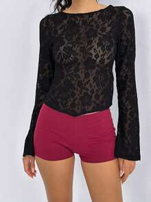 Women's Lace Tops Fall Fashionable Solid Color Bell Long Sleeve Backless Slim Fit Shirts - Black - View 1