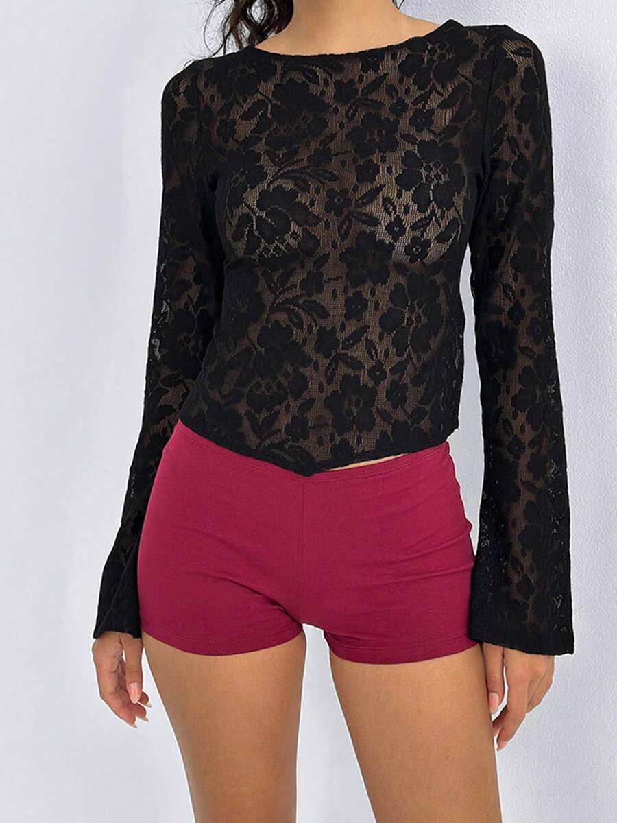 Women's Lace Tops Fall Fashionable Solid Color Bell Long Sleeve Backless Slim Fit Shirts - Black - View 1