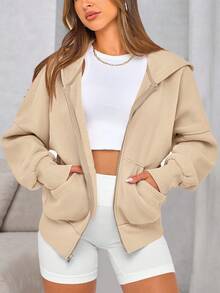 Women Fall Zip Up Drop Shoulder Fleece Hoodie Sweatshirt Long Sleeve Hooded Jacket Autumn Winter Y2K Street Clothes Outfits Tops - 杏色 - 查看 2