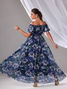 Women's Random Floral Print Dress, Minimalist Daily Wear, Off Shoulder Short Sleeve Maxi Dress With Waist Drawstring Detail, Elegant & Soft Suitable For Vacation, Daily Occasions, Summer - Blue - View 6