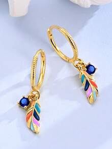 1 Pair Original 925 Sterling Silver Bohemia Style Women Hoop Earrings Golden Color Colorful Feathers Shape Blue Cubic Zirconia Elegance Earrings Jewelry Gifts Fits Daily Party Shopping Wear