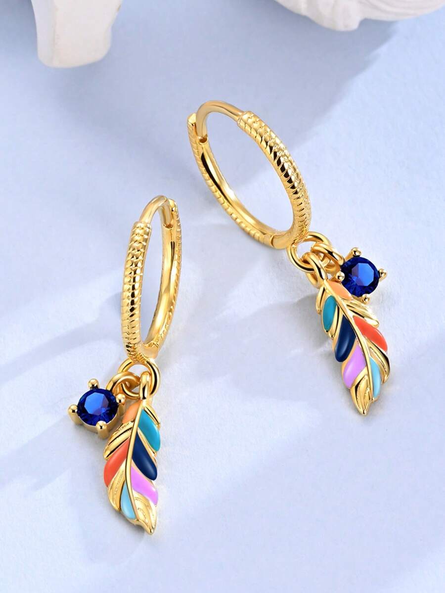 1 Pair Original 925 Sterling Silver Bohemia Style Women Hoop Earrings Golden Color Colorful Feathers Shape Blue Cubic Zirconia Elegance Earrings Jewelry Gifts Fits Daily Party Shopping Wear