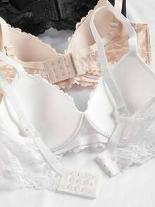 3Pcs Women's Lace Solids With Steel Ring Bra Push Up Bra, Everyday